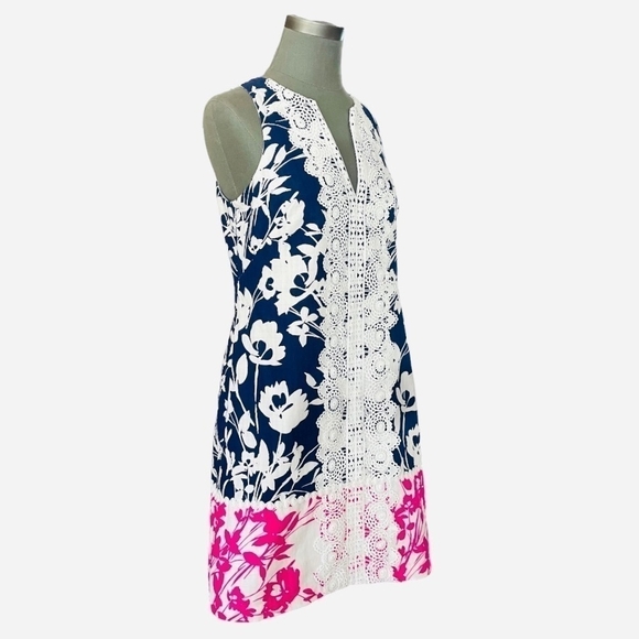 Women’s Dress Eliza J Navy Pink Lace Trim Stretch Cotton A-Line Dress Midi Dress - Picture 5 of 8